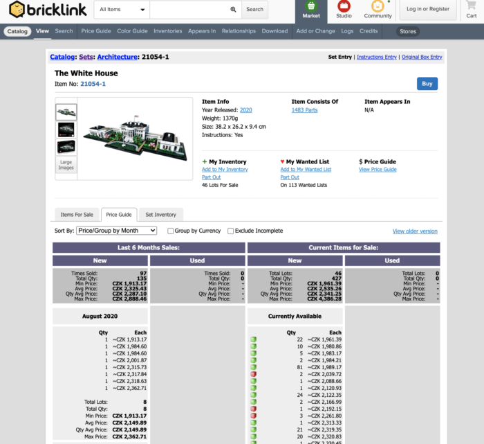 BrickLink a přehled cen u konkrétního setu